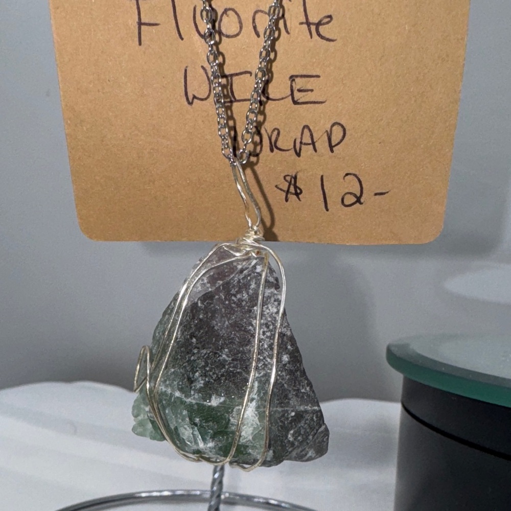 Fluorite wire wrapped necklace 2” pendant, grey, green, and black coloring